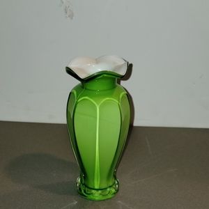 VINTAGE LIGHTS CHARTREUSE GREEN WHITE INLAY 7 1/2" VASE